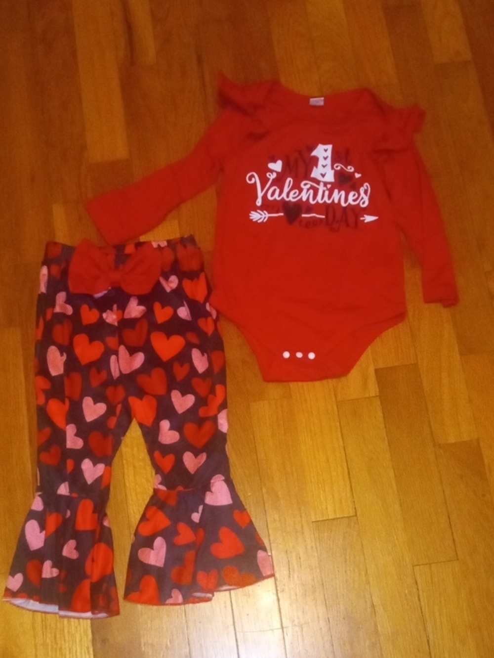 Valentine's Red Baby Bodysuit and Heart Print Ruffle Pants Set 18 months